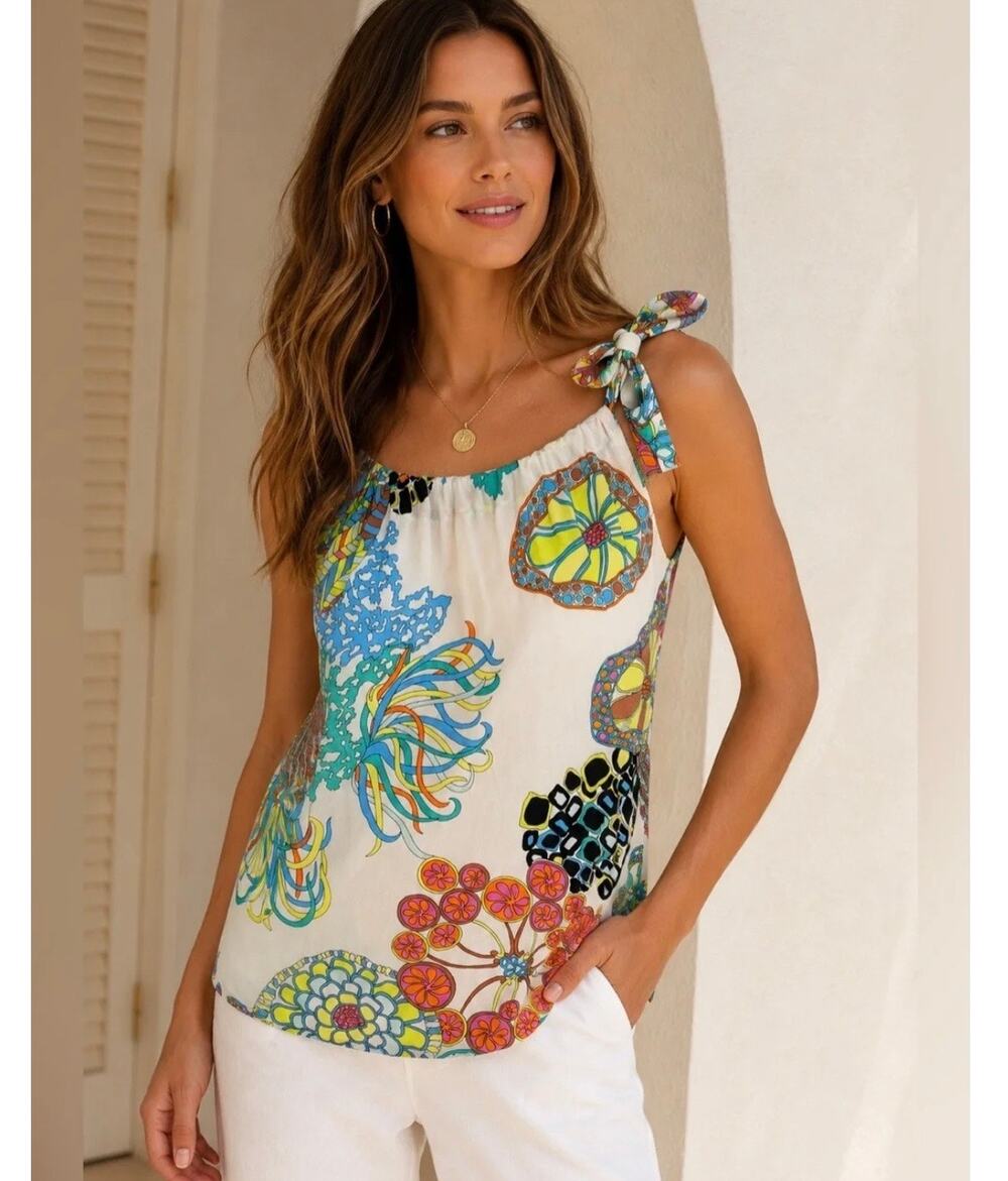 Banana Republic Trina Turk Silk Tie Shoulder Tropical Print Blouse Sz. 6